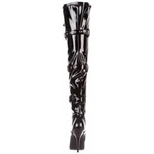 Seduce 3028 buckle-up thigh boot in black patent with a 5" stiletto heel by Pleaser USA