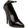 Domina 431 six inch stiletto heel classic court shoe with single ankle strap in black patent material by Pleaser USA.