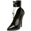 Domina 434 six inch stiletto heel closed toe court shoe with ankle cuffs in black patent material.