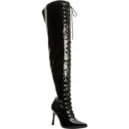 Dominatrix 3024X wide fitting 3.5" stieltto heel lace-up thigh boot by Pleaser USA in Black patent material.