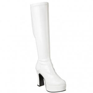 Exotica 2000 block heel raised platform knee boot by Pleaser USA in White Stretch Patent Material