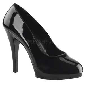 Flair 480 stiletto heeled closed toe platform shoe in black patent by Pleaser USA