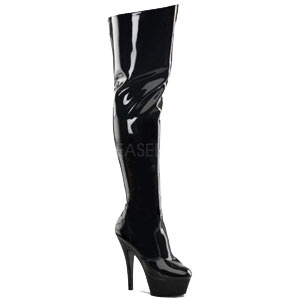 Kiss 3010 six inch platform thigh boot in black on black by Pleaser USA