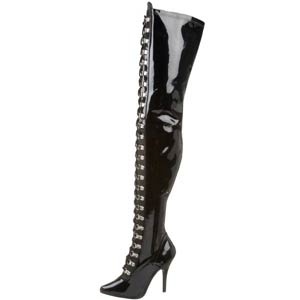 Seduce 3024 by Pleaser USA is a thigh length 5" stiletto heel dee ring thigh boot in black Patent material