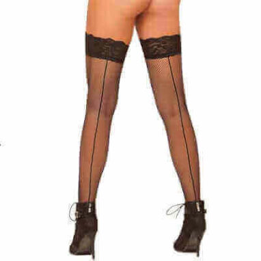 Lace top seamed fishnet stockings