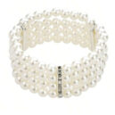 Three row silver colour crystal and white pearl effect elasticated bracelet