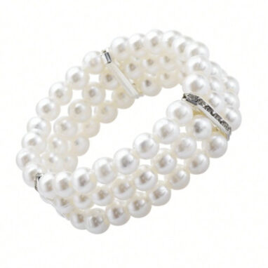 Three row silver colour crystal and white pearl effect elasticated bracelet