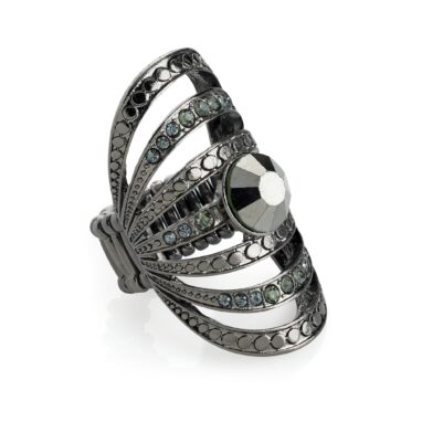 Hematite and black diamond colour crystal oval elasticated ring
