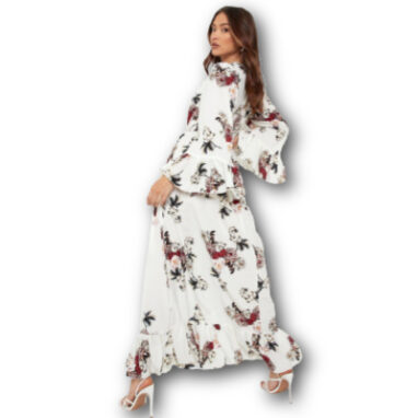 female ivory ruffle hem and sleeve maxi dress