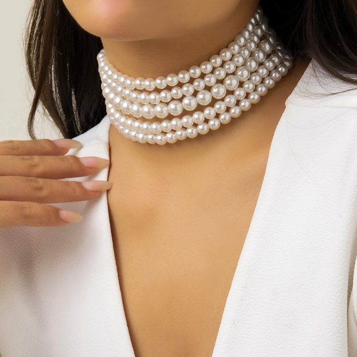 Faux Pearl Beaded Layered Choker