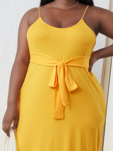 Solid Belted Cami Dress in Yellow