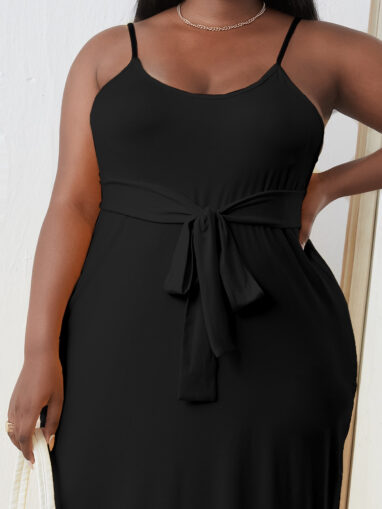 Solid Belted Cami Dress in black