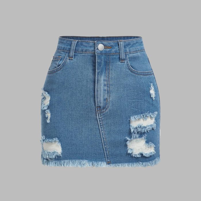 Ripped Raw Cut Denim Skirt