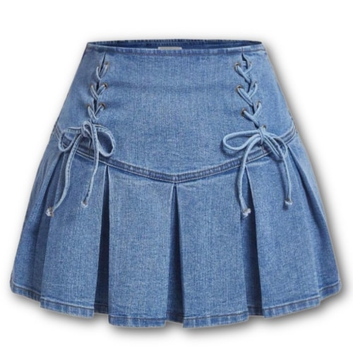 Lace Up Front Pleated Hem Denim Skirt