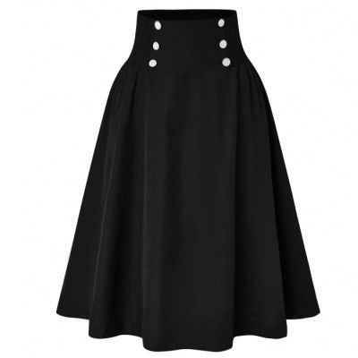 High Waist Button Detail Flare Skirt