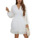 V-Neck Ruched Bubble Sleeves Long Sleeve Ruffle Dress