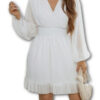 V-Neck Ruched Bubble Sleeves Long Sleeve Ruffle Dress