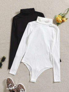 Turtle Neck Ribbed Knit Bodysuit – Two Piece Set