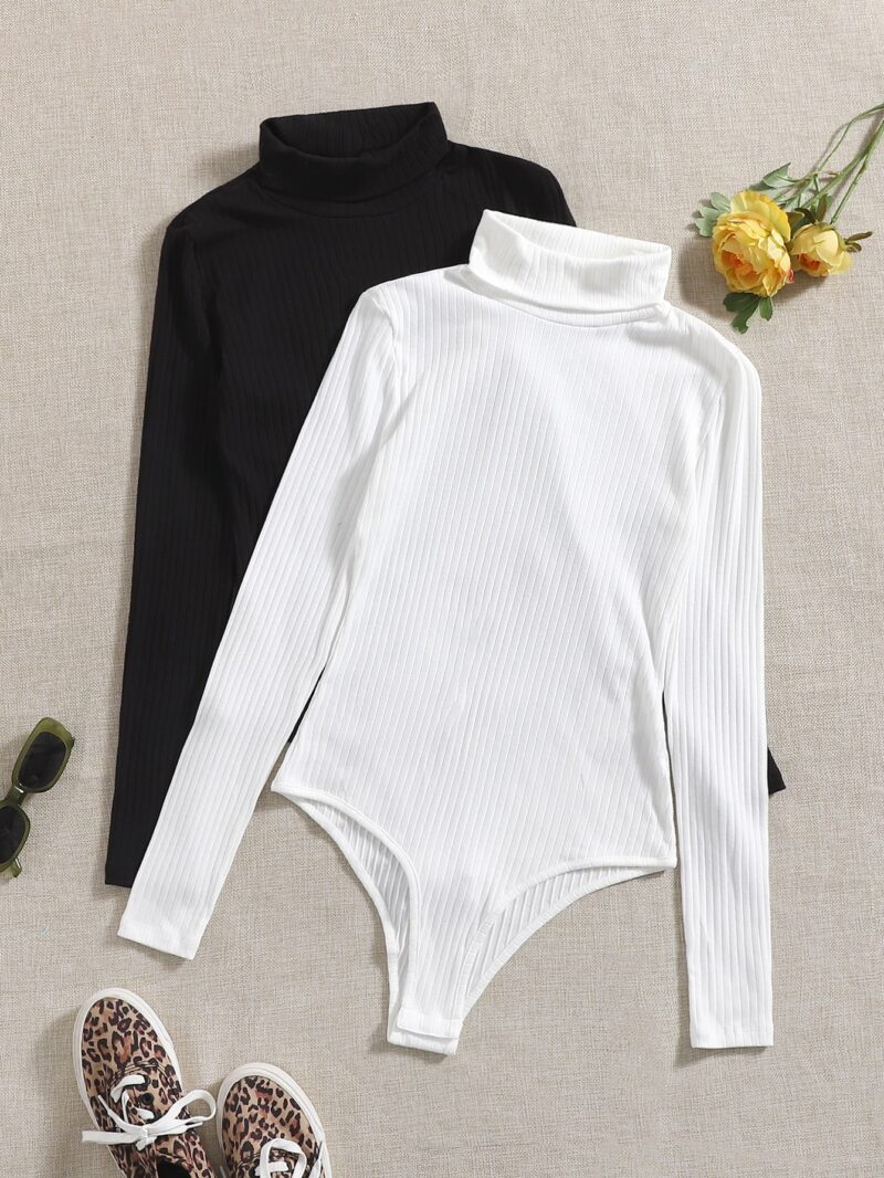 Turtle Neck Ribbed Knit Bodysuit - Two Piece Set