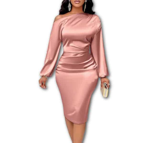 Dusty Pink Asymmetric Neckline Ruched Side Satin Bodycon Dress