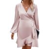 Lantern Sleeve Tie Side Wrap Satin Dress