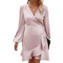 Lantern Sleeve Tie Side Wrap Satin Dress