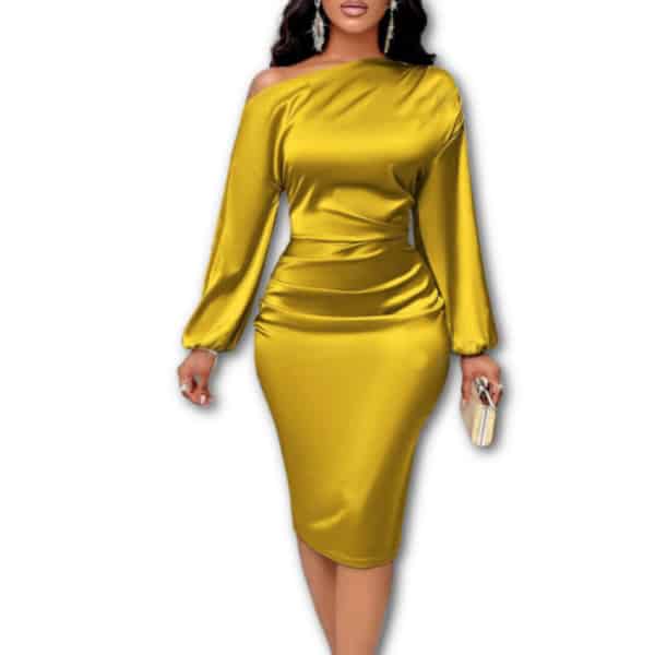 mustard yellow satin long sleeve dress