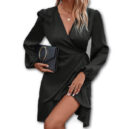 Lantern Sleeve Tie Side Wrap Satin Dress