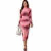 Ruched Tie-Dye Print Mesh Knit Stand Collar Long Sleeve Fitted Dress