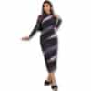 Ruched Tie-Dye Print Mesh Knit Stand Collar Long Sleeve Fitted Dress