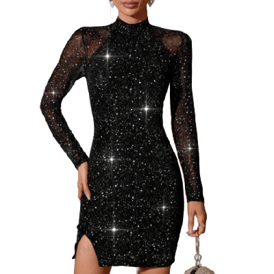 Asymmetrical Hem Sequin Mesh Bodycon Dress