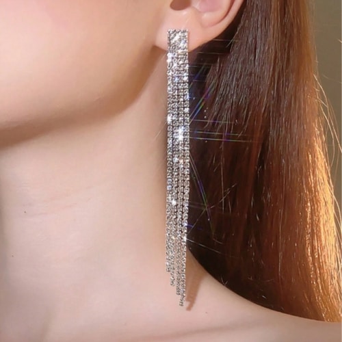 Rhinestone Long Clip Earrings