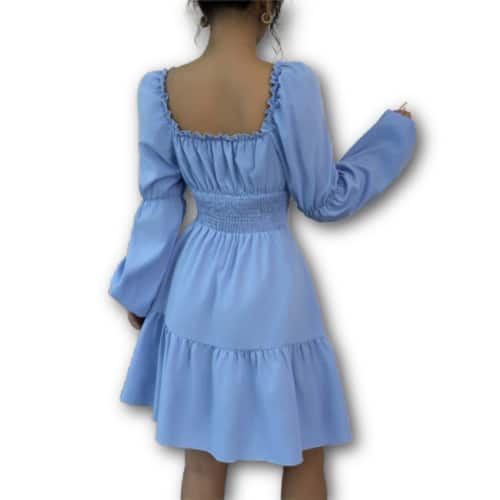 Square Neck Long Lantern Sleeve Ruffle Hem A-Line Dress