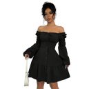 Square Neck Long Lantern Sleeve Ruffle Hem A-Line Dress