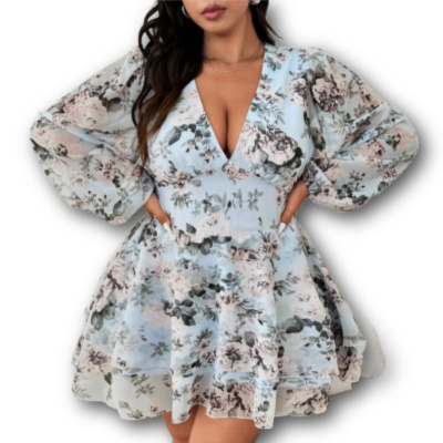 Plus Size Floral Chiffon Dress with Lantern Sleeves
