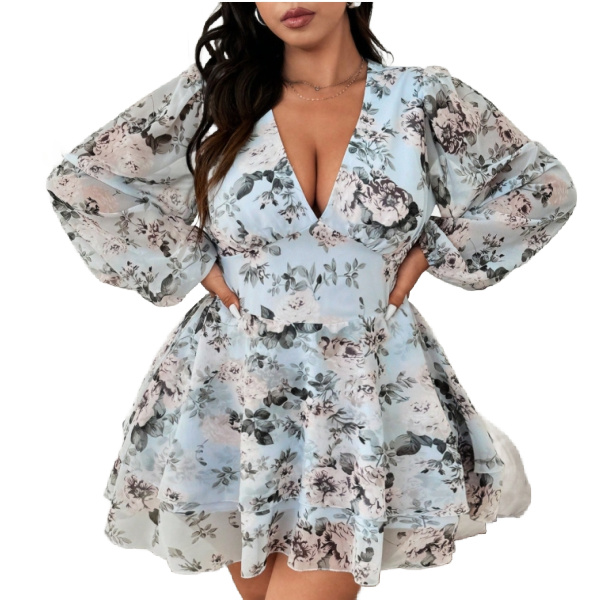 plus-size-floral-chiffon-dress-lantern-sleeves