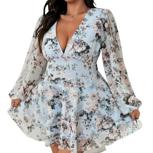 plus-size-floral-chiffon-dress-lantern-sleeves