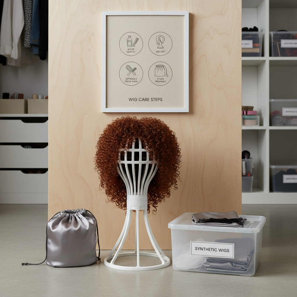wig storage solutions showing collapsible wig stand, breathable storage boxes, silica gel sachets, and proper organization for maintaining wig shape and quality