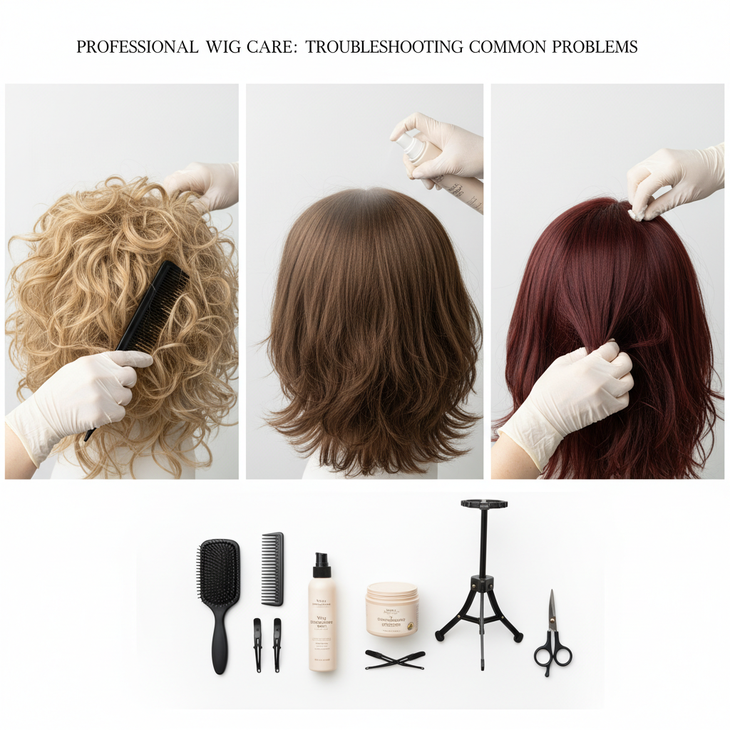 wig troubleshooting solutions showing tangled wig being combed, frizzy wig treated with spray, matted sections restored, wig care tools and products for maintenance and repair