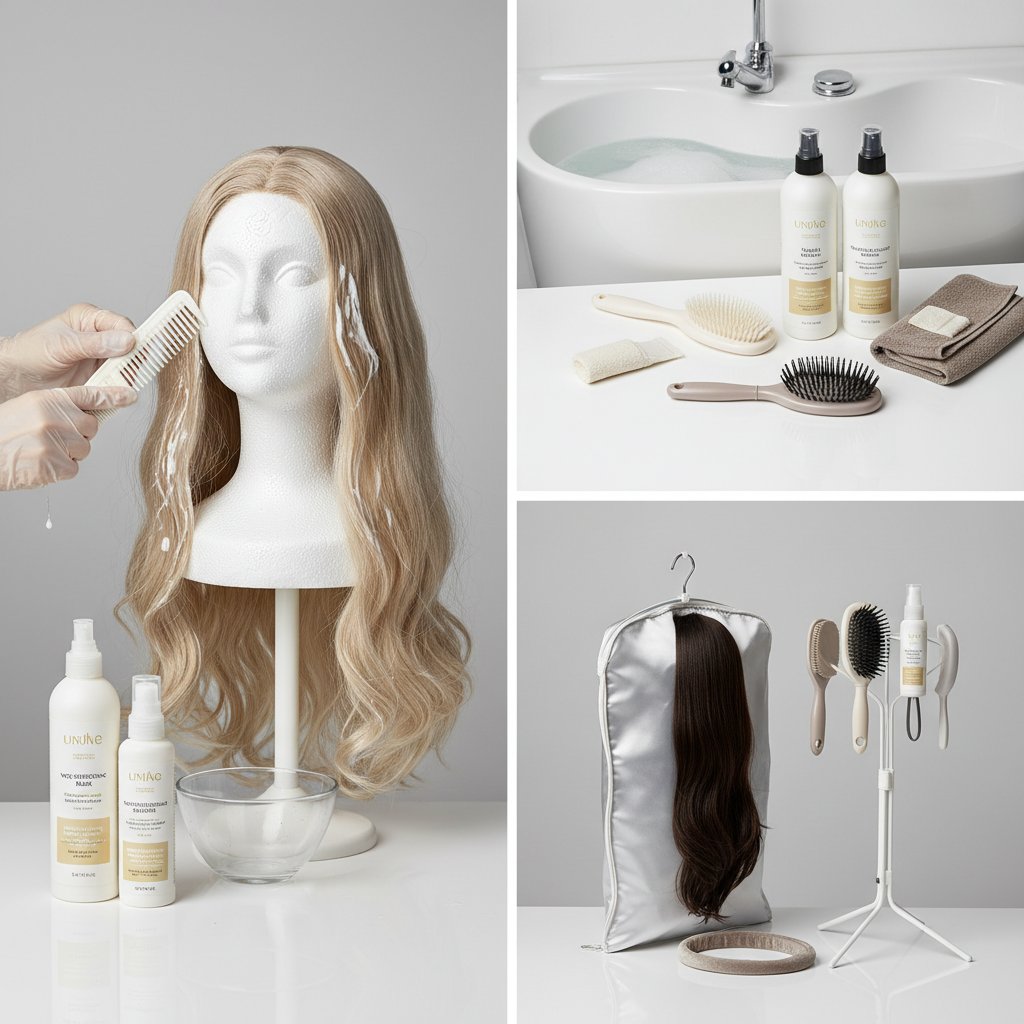 wig maintenance and care practices showing conditioning treatments, gentle handling, proper storage on wig stand, regular cleaning with care products, and protective maintenance techniques to extend wig lifespan