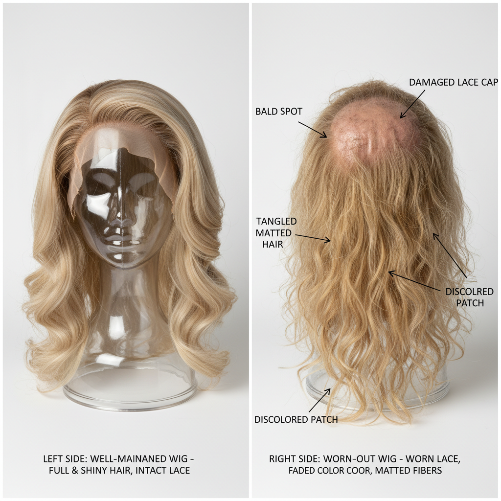 wig replacement indicators showing comparison between well-maintained wig and worn-out wig with visible hair loss, damaged lace, faded color, matted sections, frayed fibers, and signs of deterioration