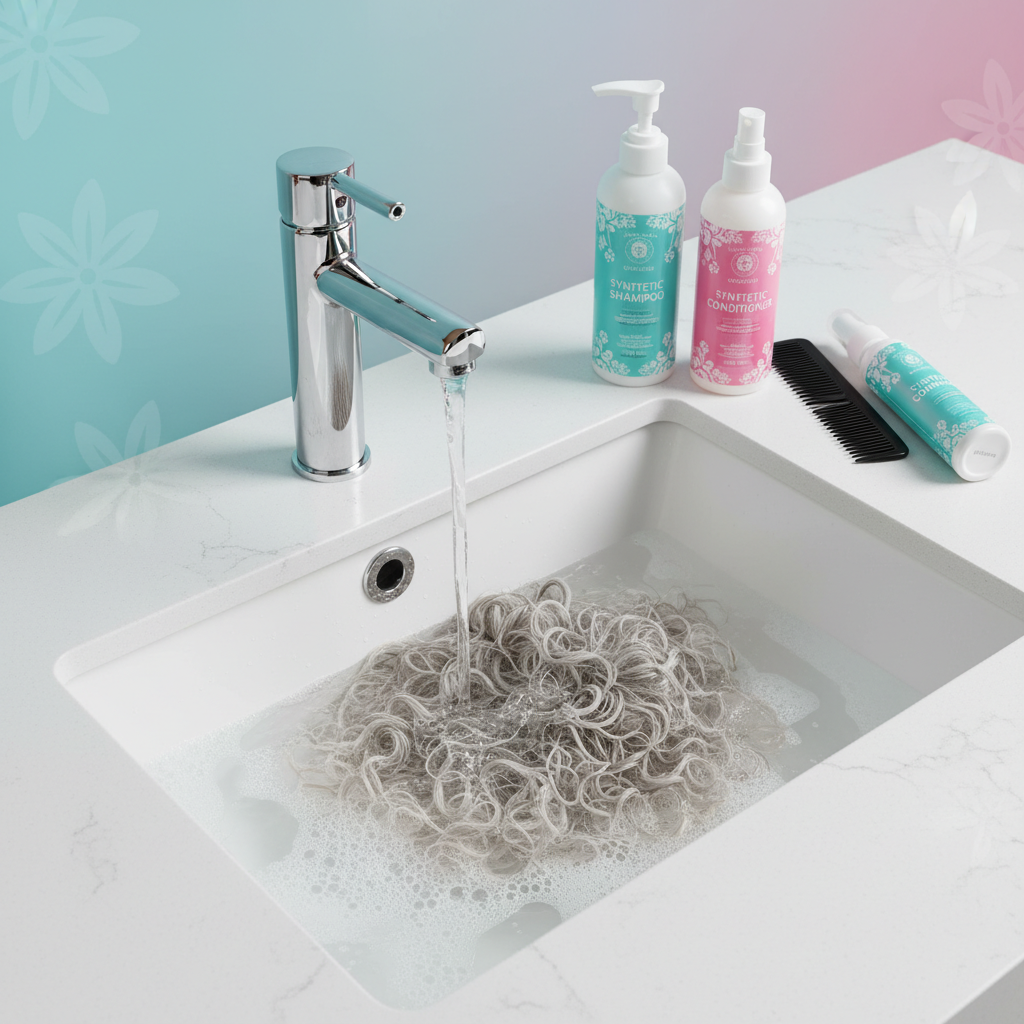 wig care guide, synthetic wig being washed in sink with water, shampoo and conditioner bottles, professional wig washing tutorial, wig care products and accessories
