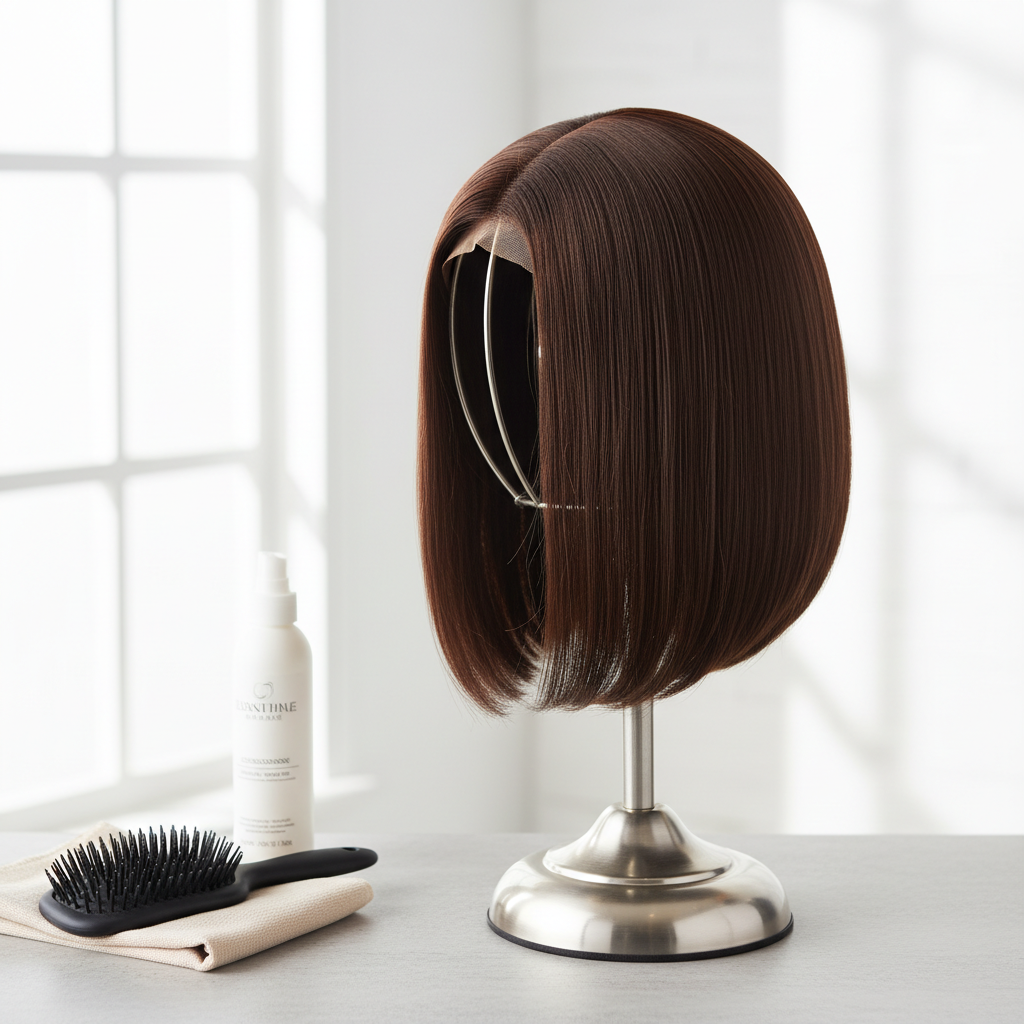 well-maintained synthetic wig on stand, daily care scenario, wig brush, care accessories, professional wig storage and maintenance