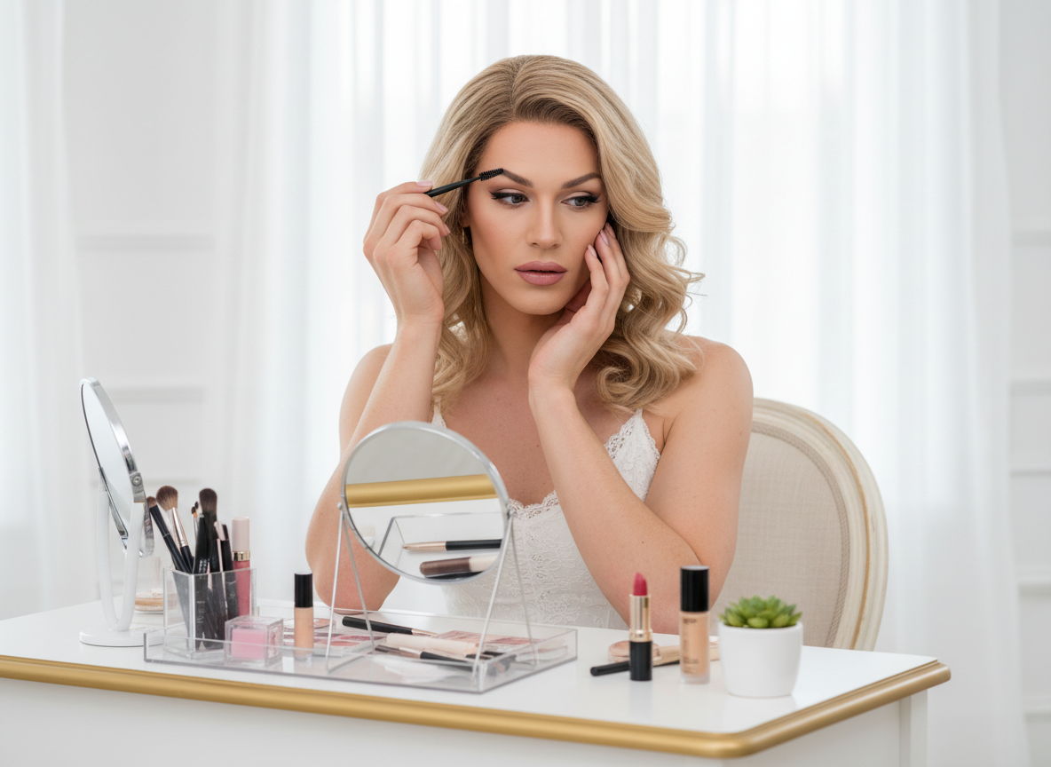 eyebrows - crossdressing model grooming her eyebrows