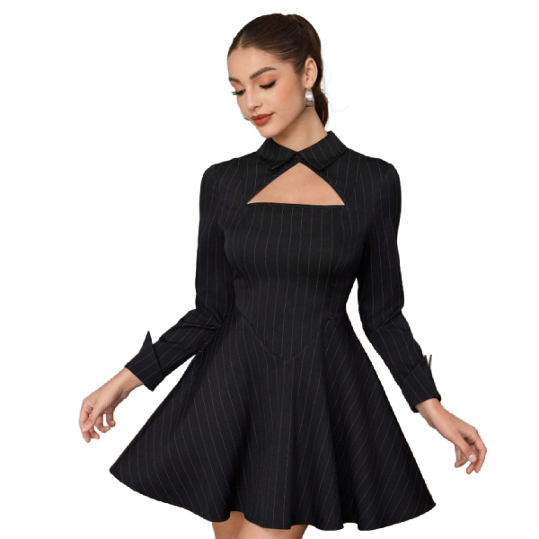 Crossdressing Short Ladies Dress – Striped Flair Fit & Flare Style