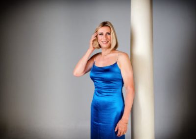Linda - In a stunning medium Length Cobalt Blue Satin Dress
