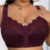 Front Closure Lace Patchwork Wireless Bra - red violet