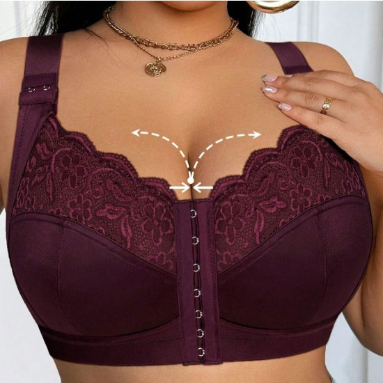 Front Closure Lace Patchwork Wireless Bra - red violet