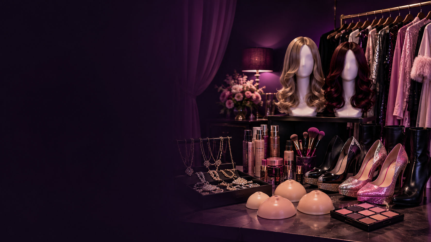 Crossdressing Shop product display with wigs clothing footwear breast forms cosmetics and jewellery from Translife