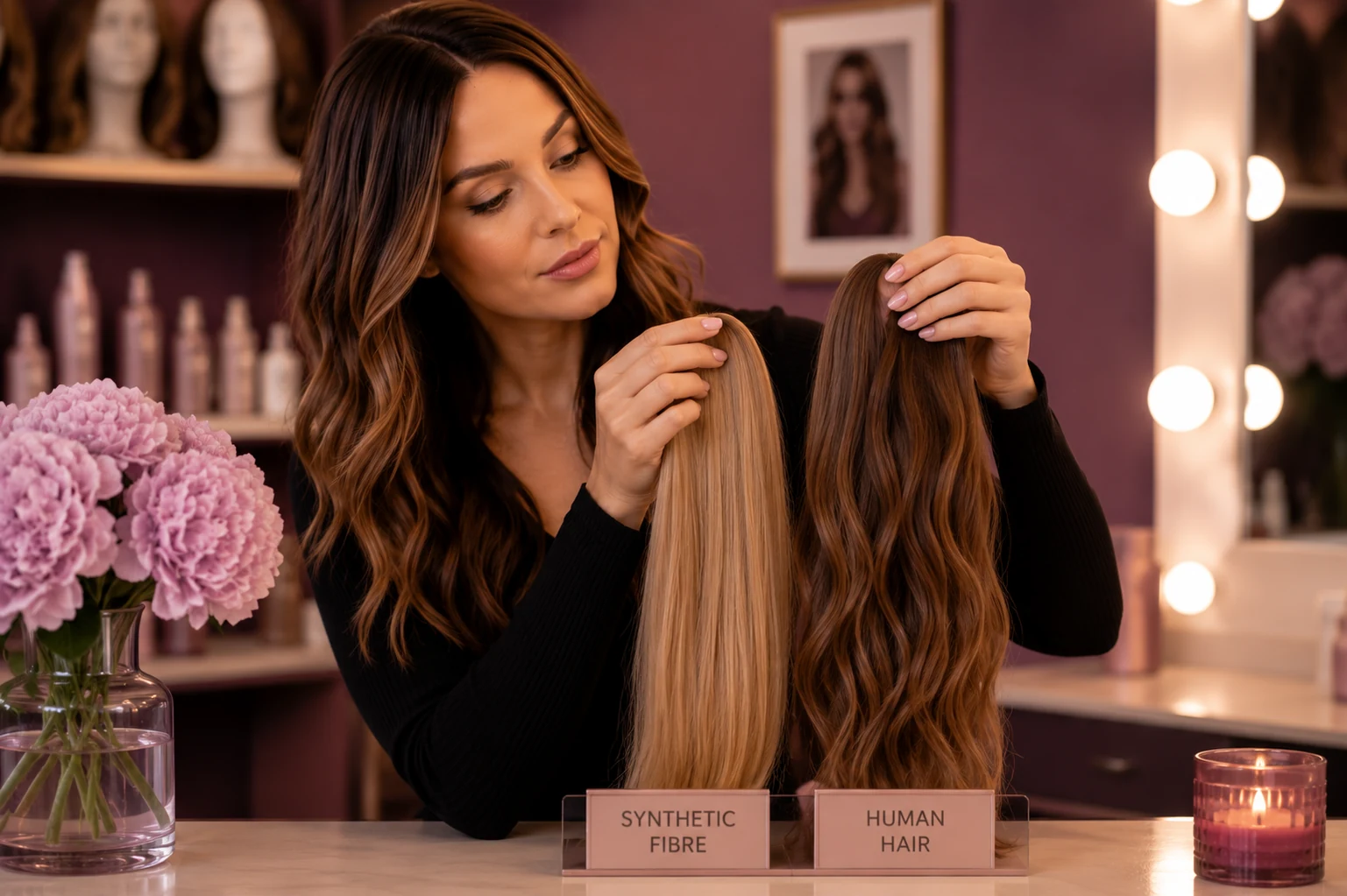 Wig buying guide comparing synthetic, heat friendly and human hair wig fibres